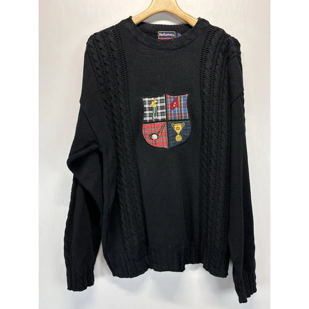 Vtg Hathaway Golf Sweater Sz Large Black Crest Oversized 90's Grandpa Crew Neck